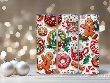 Lebkuchen-Thermobecher mit weihnachtlichem Design, Zuckerstangen, Lebkuchenfiguren und Stechpalmenmotiv, 590 ml, perfekt für heiße oder kalte Getränke in der Weihnachtszeit.